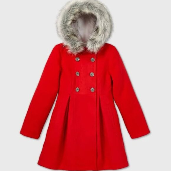 Cat & Jack Girls' Faux Fur Trim Coat, Red, Size L - Picture 1 of 7